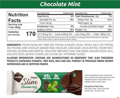 Nugo Slim Dark Chocolate Mint, 18g Vegan Protein, 3g Sugar, 6g Fiber, Low Net Carb, Keto Friendly, Gluten Free, 24 Count