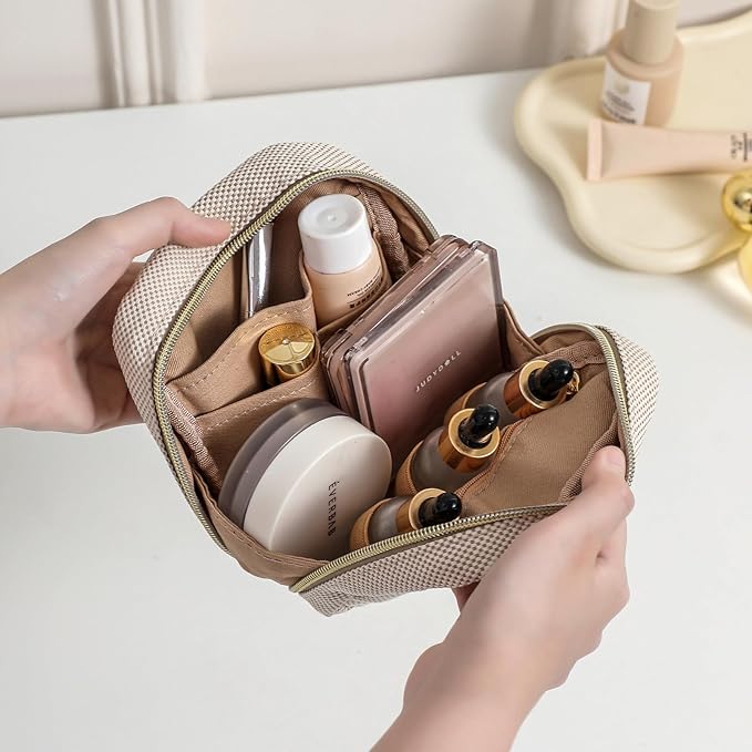 Small Canvas Makeup Bag with Compartments for Purse, Wide-open Makeup Pouch with Zipper and Keychain, Key Pocket Lipstick Bag Travel Organizer Bag（01Beige）