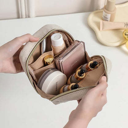 Small Canvas Makeup Bag with Compartments for Purse, Wide-open Makeup Pouch with Zipper and Keychain, Key Pocket Lipstick Bag Travel Organizer Bag（01Beige）
