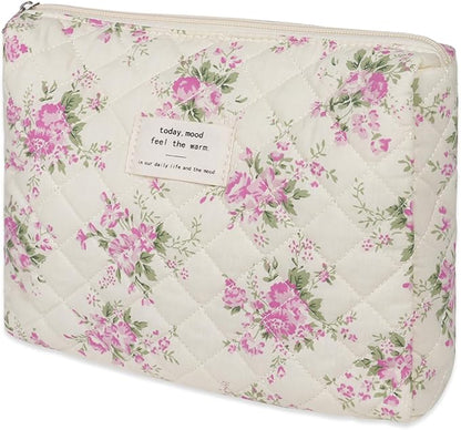 Quilted Makeup Bag,Medium Travel Floral Cosmetic Bag Cute Pouch,Cotton Makeup Brushes Storage Bag for Women