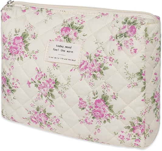 Quilted Makeup Bag,Medium Travel Floral Cosmetic Bag Cute Pouch,Cotton Makeup Brushes Storage Bag for Women