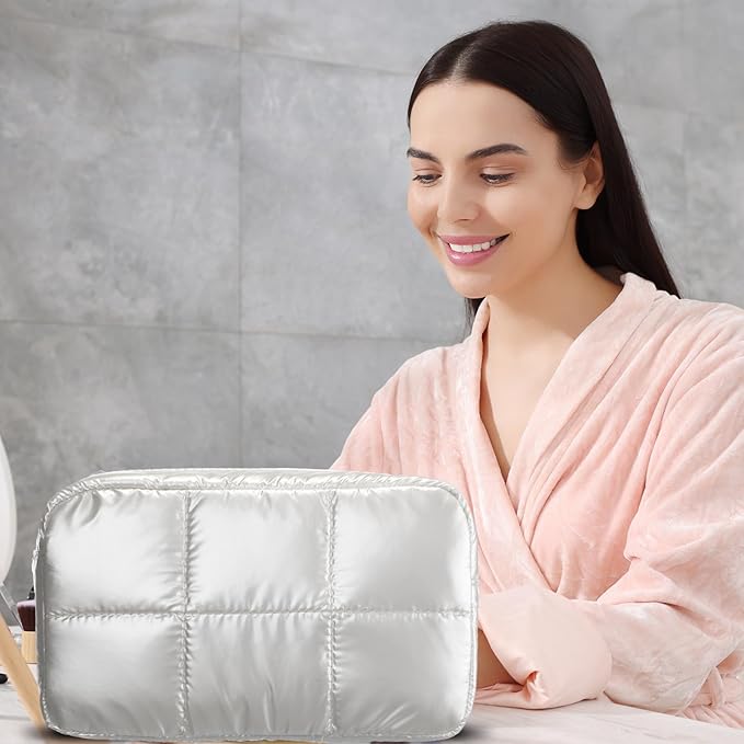 Hillban Puffy Quilted Makeup Bag Quilted Cosmetic Bag Cute Puffer Toiletry Checkered Pouch Aesthetic Travel Makeup Brushes Organizer(White,Elegant)