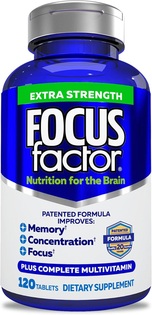 Focus Factor Adults Extra Strength, 120 Count - Brain Supplement for Memory, Concentration and Focus - Complete Multivitamin with DMAE, Vitamin D, DHA - Trusted Health Vitamins