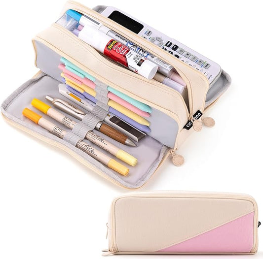 CICIMELON Big Capacity Pencil Case 3 Compartments Pen Pouch Bag Multifunctional Organizer for School Office, Cream