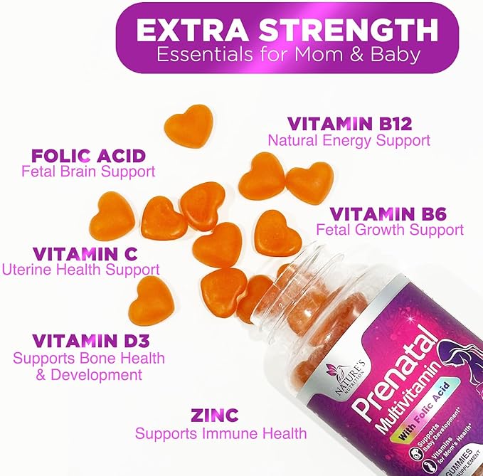 Prenatal Gummy with Folic Acid, Prenatal Vitamins and Minerals for Fetal Support, Vitamin A, C, D3, B12, B6 & Folate, Prenatal Multivitamin for Pregnant & Nursing Women - 60 Gummies, 30 Day Supply