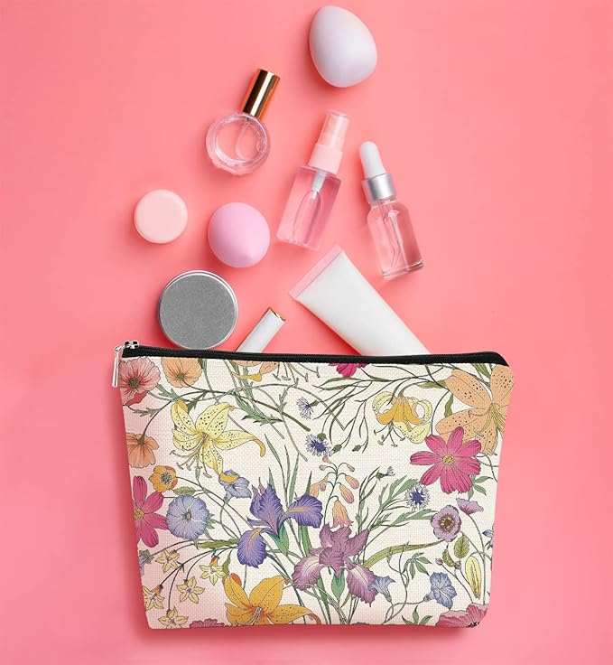 Vintage Cottagecore Watercolor Summer Wildflowers Makeup Bag,Colorful Floral Cosmetic Bag Best Gift Idea for Flower Lover Girls Women Mom,Zipper Travel Toiletry Bag Birthday Mother's Day Gifts for Mom