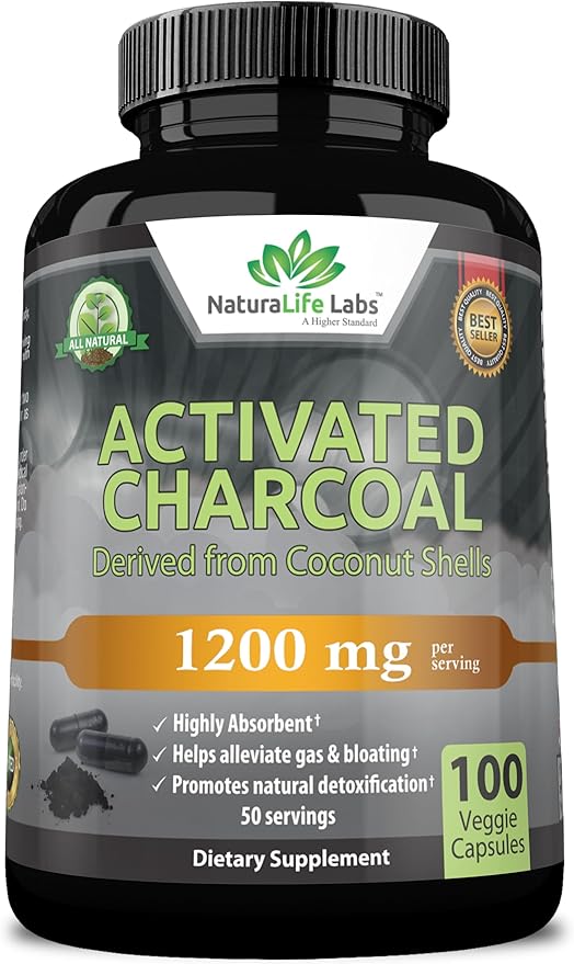 Activated Charcoal Capsules - 1,200 mg Highly Absorbent Helps Alleviate Gas & Bloating Promotes Natural detoxification Derived from Coconut Shells - per Serving - 100 Vegan Capsules
