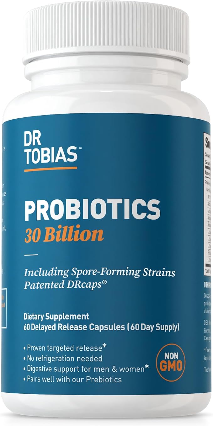 Dr. Tobias Probiotics 30 Billion, 10 Strains, 30 Billion CFU's, Targeted Release Probiotics for Digestive Health, Shelf-Stable Probiotics for Women & Men, Non-GMO, 60 Capsules, 60 Servings