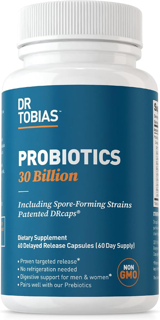 Dr. Tobias Probiotics 30 Billion, 10 Strains, 30 Billion CFU's, Targeted Release Probiotics for Digestive Health, Shelf-Stable Probiotics for Women & Men, Non-GMO, 60 Capsules, 60 Servings