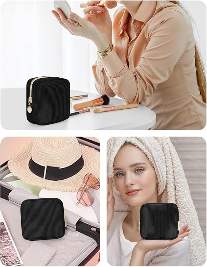 Wandering Nature Small Makeup Bag for Purse Mini Make up Pouch Cute Cosmetic Pouch for Women with Slip-in Pockets Corduroy, Black