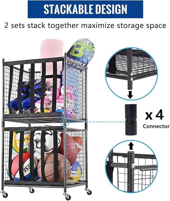 Mythinglogic Rolling Sports Ball Storage Cart, Sports Lockable Ball Storage Locker with Elastic Straps, Stackable Ball Cage for Garage Storage Garage Organizer