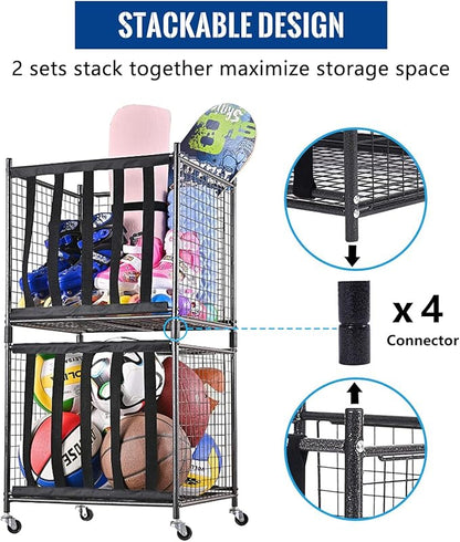 Mythinglogic Rolling Sports Ball Storage Cart, Sports Lockable Ball Storage Locker with Elastic Straps, Stackable Ball Cage for Garage Storage Garage Organizer