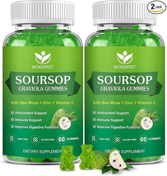 Soursop Graviola Gummies with Sea Moss Extract - Antioxidant, Cell Support & Regeneration, Immune Support, Soursop Leaves Gummies with Sea Moss, Vitamin C & Zinc, Apple Flavor - 60 Gummies(2 Pack)