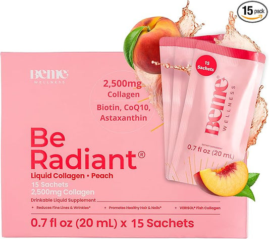 BeMe Liquid Collagen for Women – 2,500mg Marine Collagen Drink, Hydrolyzed Peptides, Biotin, CoQ10, Vitamin C and E Shots, Hair, Nail, & Skin Health Supplement – Be Radiant Peach Flavor – 15 Packets