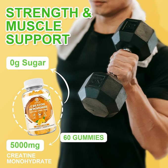 Creatine Monohydrate Gummies for Men & Women, Chewables Creatine Monohydrate for Muscle Strength, Muscle Builder, Energy Boost, Sugar Free, Vegan, Mango Flavor-120 Count