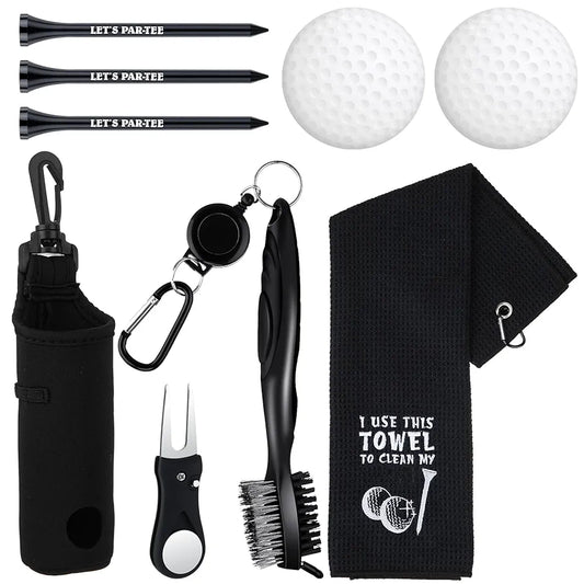 9 Pcs Golf Accessories Kit Golf Club Cleaning Kit Include Microfiber Towel, Cleaner Brush, Ball and Tee Holder, Divot Repair Tool, Ball Bag with Hook for Men Women Gifts