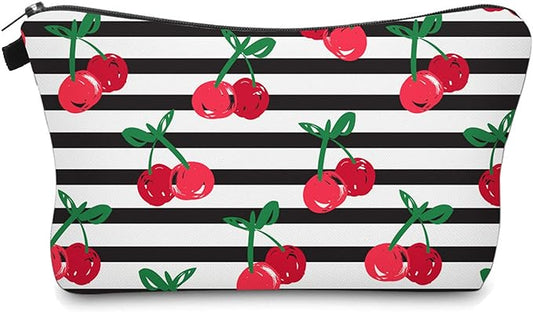 Cute Travel Makeup Bag Cosmetic Bag Small Pouch Gift for Women (Stripes Cherry)