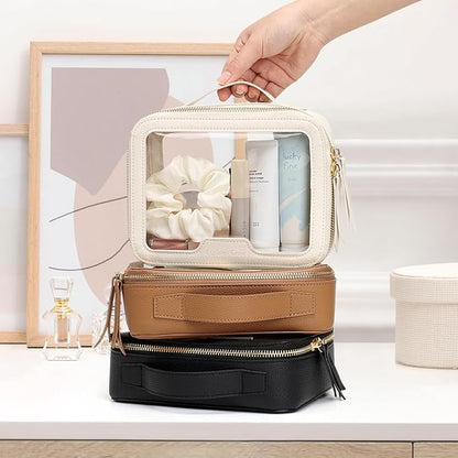 PACKISM Medium Clear Makeup Bag - PU Leather Clear Travel Bags for Toiletries Car Bag for Essentials, with Message Card Cosmetic Bags Makeup Case for Women Gift (Cream Medium)