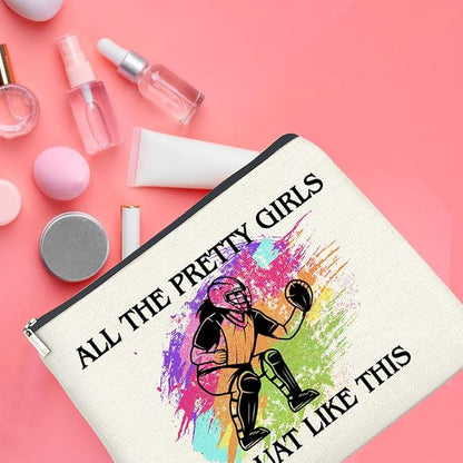 Softball Catcher Makeup Bag - Gifts for Girls and Women - All the Pretty Girls Squat Like This - Cosmetic Zipper Pouch