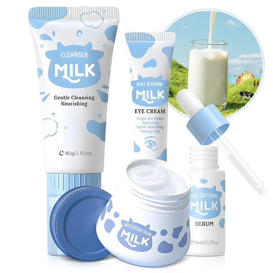 Skin Care Routine Set For Girls, Anti Aging Milk Skin Care Set With Cleanser, Serum, Cream, Eye Cream For Acne, Shrink Pores, Face Skincare Travel Kit With Hyaluronic Acid For Women, Daily Care
