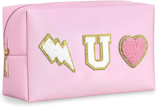TOPEAST Preppy Things Initial Makeup Bag Monogrammed Cosmetic Bag for Daily Use, Cute Birthday Gift for Teen Girls, Pink