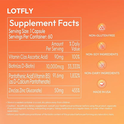 Biotin 10000 mcg with Zinc, Vitamin C & Calcium Pantothenate – Supports Healthy Hair Growth, Strong Nails & Glowing Skin for Women & Men | Made in The USA | 60 Vegan Capsules