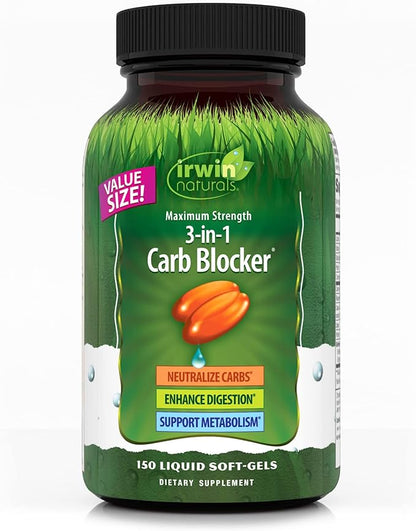 Irwin Naturals Maximum Strength 3-in-1 Carb Blocker - Neutralize Carbohydrates and Support Metabolism - 150 Liquid Softgels