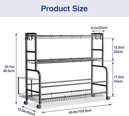 Sports Equipment Garage Organizer - Ball Storage Garage - Ball Storage Rack - Rolling Ball Cart with Wheels Basket and Hooks for Basketballs Footballs Volleyballs in Gym Playgroup and School.
