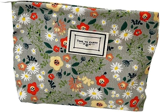 Flower Fabric Makeup Bag for Purse, Vintage Corduroy Cosmetic Pouch Bag, Portable Travel Handbag for Women Girls (Bean green flowers)