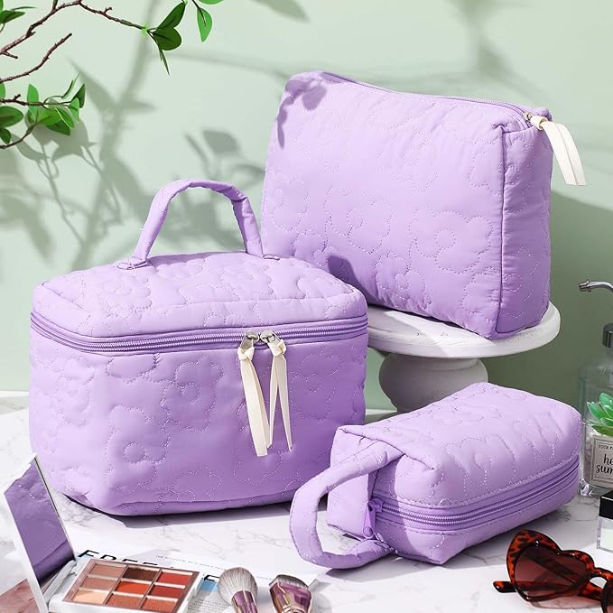 Paterr 3 Pieces Cotton Quilted Makeup Bag Set Coquette Cosmetic Bag Aesthetic Travel Toiletry pouch Cute Pouch Kawaii Aesthetic for Women(Purple,Purple Flower)