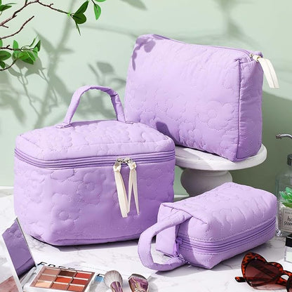 Paterr 3 Pieces Cotton Quilted Makeup Bag Set Coquette Cosmetic Bag Aesthetic Travel Toiletry pouch Cute Pouch Kawaii Aesthetic for Women(Purple,Purple Flower)