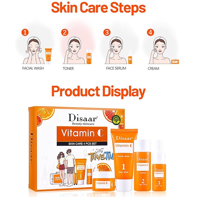 Vitamin C Organic Orange Extract Skin Care Set Facial Wash Toner Serum Face Cream Moisturizing Reduce Wrinkles Hydrate 30ml+30ml+10ml+15g 4PCS