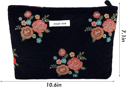Flower Makeup Bag Travel Floral Cosmetic Bag Large Zipper Makeup Pouch Vintage Black Toiletry Bag for Women Girls Mom Grandma Friend Coworker Teacher Her Bridesmaids Girlfriend Gift