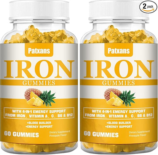 2 Packs 100MG Iron Supplement Gummies for Women & Men - with Vitamin A, C, B - Blood Builder ＆ Energy Support for Iron Deficiency, Anemia, Adults ＆ Children, Vegan, Pineapple Flavor Gummy, 120ct
