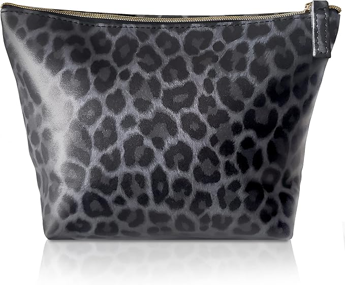 Vegan Leather Black Leopard Print Makeup Bag for Purse Make Up Bag - Cute Travel Accessories Small Cosmetic Zipper Pouch - Girly Girl Stuff Black Cheetah Print Gifts for Women Girls Aesthetic Things