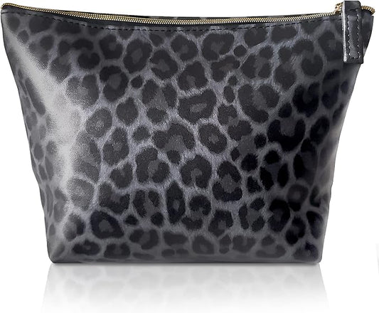 Vegan Leather Black Leopard Print Makeup Bag for Purse Make Up Bag - Cute Travel Accessories Small Cosmetic Zipper Pouch - Girly Girl Stuff Black Cheetah Print Gifts for Women Girls Aesthetic Things
