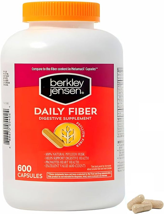 Berkley Jensen Daily Psyllium Husk Supplement (600 - Count), Natural Fiber for Men & Women - Fiber Capsules for Overall Digestive Health, Easing Constipation, Aiding Nutrient Absorption (Pack of 1)