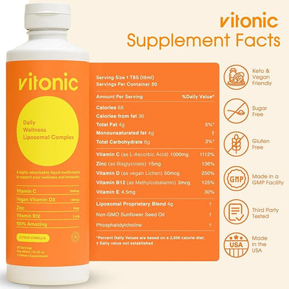 Liposomal Liquid Multivitamin – Vitamin C 1000mg, D3, B12 & Zinc Supplements – High Absorption, Daily Immune Support, 30 Servings, Non-GMO (15.22 fl oz)