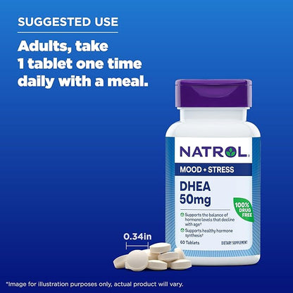 Natrol Mood & Stress DHEA 50mg With Calcium, Dietary Supplement for Balance of Certain Hormone Level and Mood Support, 60 Tablets, 60 Day Supply