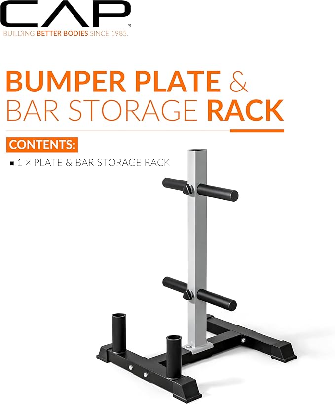 CAP Barbell Olympic Bumper Plate Tree Rack with 4 Weight Plate Posts and 2 Barbell Storage Holders | Multiple Colors