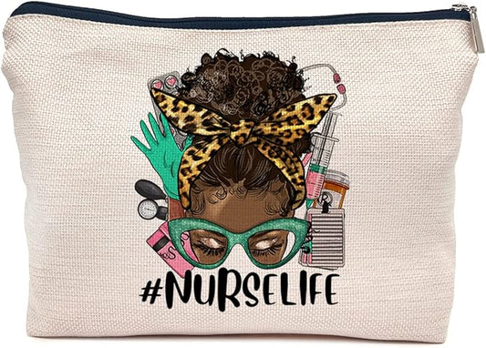IWXYI Afro Messy Bun Nurse Life Cosmetic Bag For Women,Western Nurse Life Women's Makeup Bag Case Bags Zipper Pouch Travel Toiletry Gifts For Women Afro Nurse,Afro Nurse Gift,Nurses Day Gift