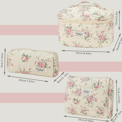 kingkiss Makeup Bag, Quilted Cosmetic Bag, Large Capacity Make Up Bag for Women, Cute Floral Storage Toiletry Bag Travel Storage Makeup Bag (Pink Flower)