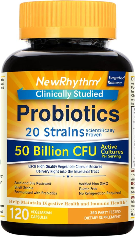 NewRhythm Probiotics 50 Billion CFU 20 Strains, 120 Veggie Capsules, Targeted Release Technology, Stomach Acid Resistant, No Need for Refrigeration, Pack of 1, Non-GMO, Gluten Free
