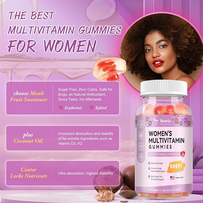 Sugar Free Multivitamin Gummies for Women 14+ w/Iron, Inositol, Folate, Biotin, Womens Daily Multivitamin Gummy w/Vitamin A, D, C, B, Support Hair, Skin, Energy, Immune, Strawberry Flavor