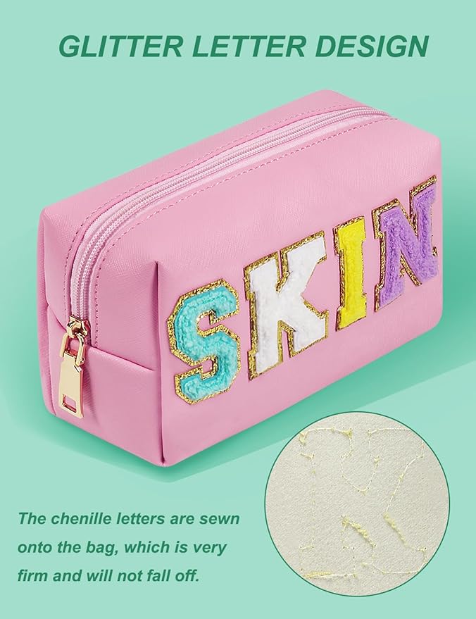 Preppy Makeup Bag, Synthetic Leather Patch Cosmetic Bag with SKIN Chenille Letter for Skincare, Gift for Girlfriend or Wife, Present for Girls, Daughter and Mum (Pink)