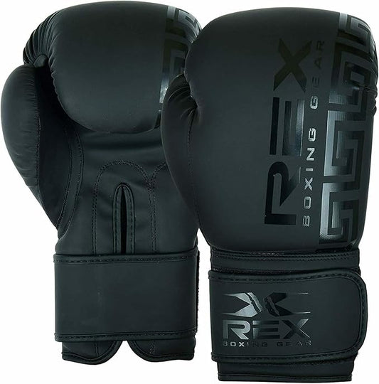 REX Boxing Gloves Training Boxing Punching Gloves for Kids & Adult PU Leather | Matte Black Glove for Sparring Kickboxing, Fighting