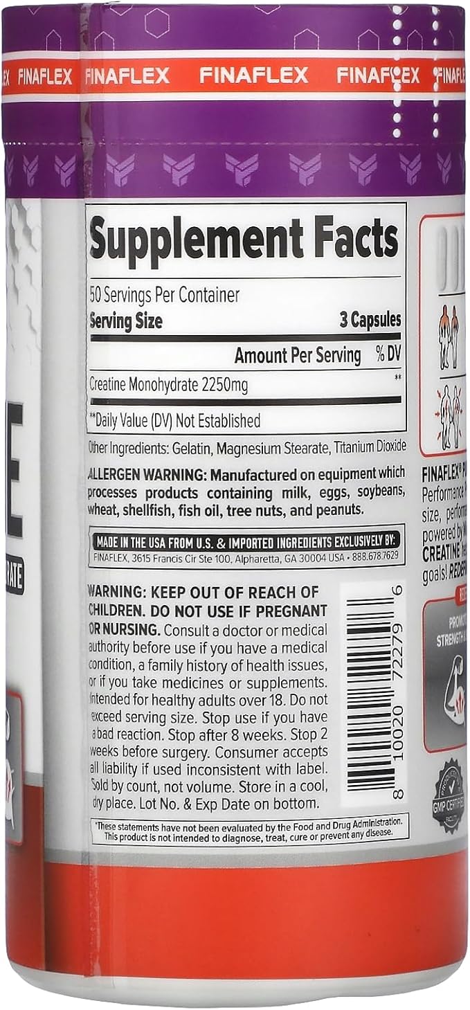 FINAFLEX Pure CREATINE - 150 Capsules - Promotes Muscular Strength, Size & Performance - 100% Pure, Micronized Creatine Monohydrate - 50 Servings