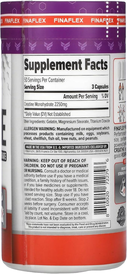 FINAFLEX Pure CREATINE - 150 Capsules - Promotes Muscular Strength, Size & Performance - 100% Pure, Micronized Creatine Monohydrate - 50 Servings