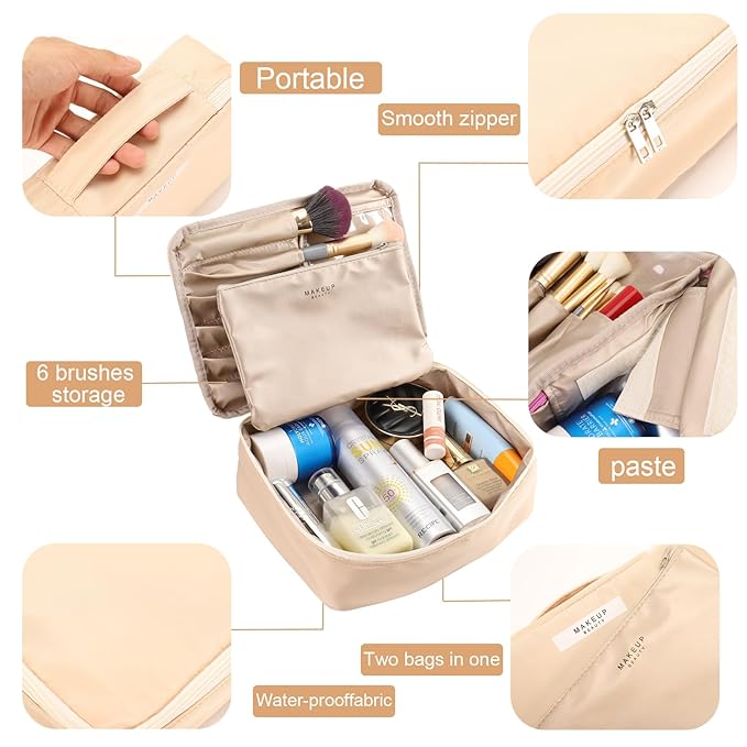 Travel Makeup Bag Cosmetic Bag Makeup Bag Toiletry bag for women and men (Beige)
