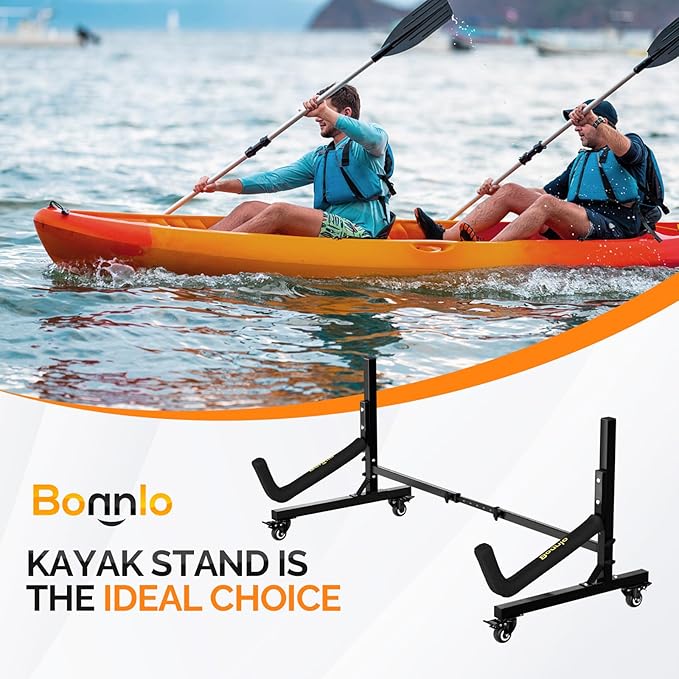 Bonnlo Kayak Stand Freestanding Storage Rack for Kayak Canoe Boat Paddle Board SUP Surfboard for Indoor Outdoor Garage, Shed, Dock with Lockable Wheels Wide Adjustable